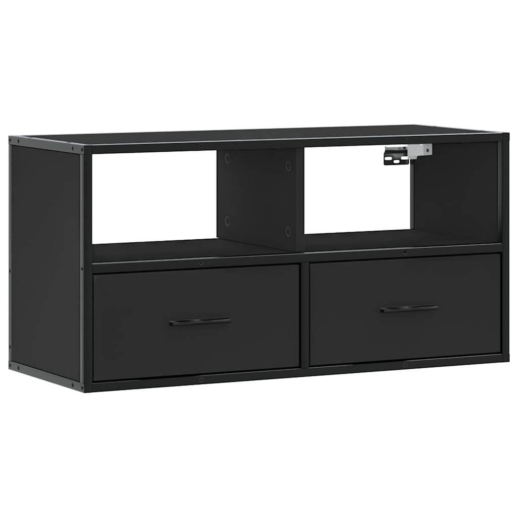 YUANCHUTOP Small Floating TV Unit Stand 80cm, Wall Mounted Media Console with 2 Drawers & Storage Shelf, Industrial Style Hanging Wall Cabinet, Black