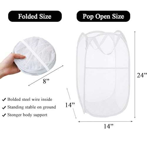 Image of Larpur Popup Laundry Basket, Mesh Clothes Hamper Portable Laundry Hamper with Reinforced Carry Handles, Collapsible for Storage (White)