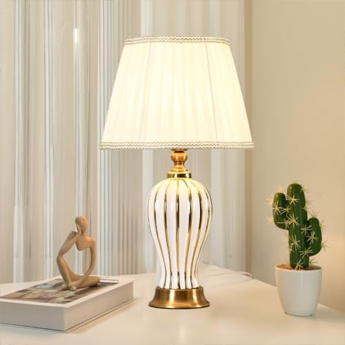 XINYASEE Lampada da tavolo in ceramica,lampada da comodino moderna tradizionale E27,lampada decorativa con paralume in tessuto,adatta per la decorazione di hotel,camera da letto e soggiorno (Bianco)