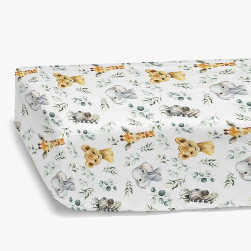 Image of HawSkgFub African Safari Animal Eucalyptus Leaf Fitted Standard Baby Crib Sheet, Neutral Jungle Elephant Giraffe Zebra Lion Toddler Mattress Cover, Soft Stretchy Nursery Bed Sheets Kids Gift 52" x 28"