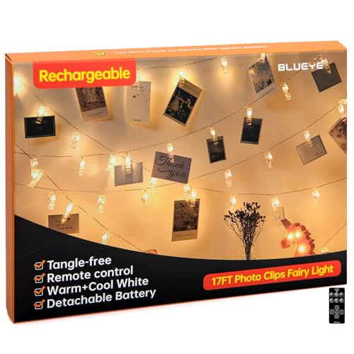 17FT 100LEDs Rechargeable Photo Clips String Light,Remote Control,3...