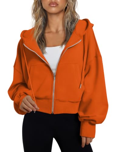 Image of Trendy Queen Womens Zip Up Hoodies Cropped Jackets Fall Outfits 2026 | lightweight comfort material, slouchy drop shoulder, casual travel winter clothes with pockets, airport workout athletic