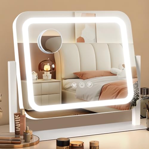 Ratsamee Miroir Coiffeuse, 35 x 30 CM Miroir de Maquillage LED avec éclairage à 3 Couleurs et Intensité Réglable, Commande par écran Tactile Intelligent, Pivotant à 360°, 14"× 12", Blanc