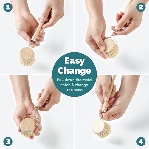 Image of Jungle Culture 4 Piece Bamboo Dish Brush Set for Washing Up • Long Lasting Wooden Dish Brush with 3 Replacement Heads & Loofah Sponge Scourer • Eco Friendly Wooden Scrub Brush for Pots, Pans & Dishes