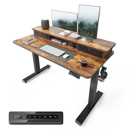 FEZIBO Height Adjustable Electric Standing Desk with Double Drawer, 120 * 60cm Stand Up Table with Storage Shelf, Sit Stand Desk with Splice Board, Black Frame/Rustic Brown Top