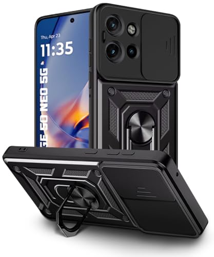 Image of WOW IMAGINE Tough Armor Bumper Mobile Back Case for Motorola Moto Edge 50 Neo 5G | Sliding Camera Shield Cover | Shock Proof 360 Protection | Hybrid PC + TPU | Ring Holder with Kickstand - Black