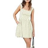 Belle Poque Vestido de lunares para mujer, cuello cuadrado, tirantes anchos, espalda fruncida, línea A, vestido de verano, Punto blanco y negro, S