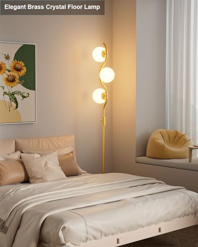 Image of 60IN Dimmable Gold Standing Lamps, Ice Crystal Modern Floor Lamp with 3000K G9 Bulbs Included, Mid Century Vintage Globe Floor Lamp for Living Room