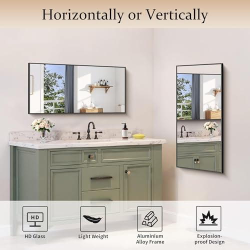 Image of COFENY Black Bathroom Mirror for Wall, 20x40 Inch Rectangle Mirror with Metal Frame, Modern Vanity Mirrors for Bathroom Living Room, Entryway Hangs Horizontal or Vertical