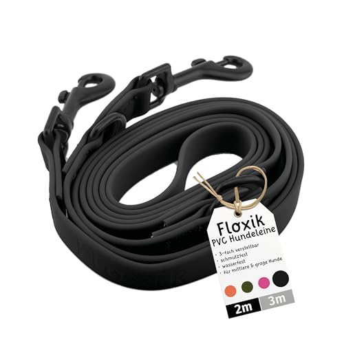 Floxik PVC Hundeleine 2m Schwarz | 3 Längen verstellbare Führleine für mittlere & große Hunde | Schmutz- & Wasserfest | Ideale Umhängeleine für das nächste Abenteuer mit deinem Liebling