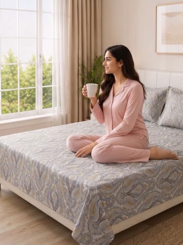 Image of Mafatlal 130 GSM Pearl Double Bedding Set with 2 Coordinated Pillow Covers | 90 x 100 Inch | Soft Brushed Microfiber | Wrinkle Resistant, Breathable, All Season Sleeping Comfort | Grey-Gold