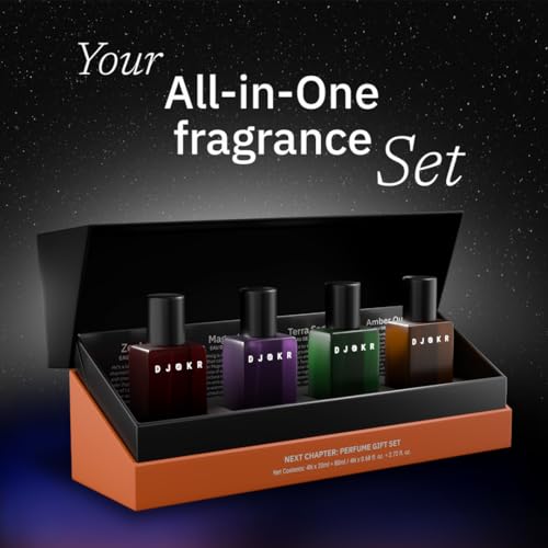 Image of Djokr Next Chapter Men's Perfume Gift Set | 4 x 20 ml Eau de Parfum - Zephyr, Magnate, Terra Sage, Amber Oud | Long-Lasting Fragrance | Pack of 4 Premium Perfumes for Men
