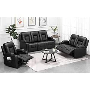 Relaxsessel-Set, Sofa, Sofa-Set aus Kunstleder, Fernsehsessel Ruhesessel Liegesessel mit Liege-Funktion Polstersessel Schlafsessel für Wohnzimmer Schlafzimmer Heimkino,Schwarz, 3+2+1