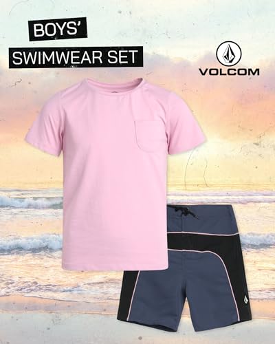 Image of Volcom Baby Boys Swim Set - 2 Piece Short Sleeve Swim Shirt Graphic Tees & Board Shorts - Infant Toddler Little Boys Swimsuit