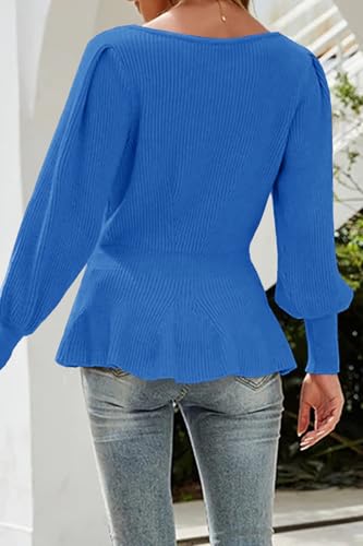 Image of Womens Fall Puff Sleeve Peplum Casual Slim Fit Knit Pullover Sweater Jumper Tops