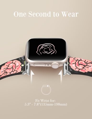 Moolia Floral Leather Band Compatible with Apple Watch Band 49/46/45/44/42mm Women, Cute Romantic Vintage Rose Pattern Strap for iWatch Series 11 10 9 8 7 6 5 4 3 2 1 SE/Ultra(1/2/3), Black/Hot Pink — view 6