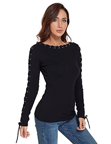 AmélieBoutik Women Boatneck Lace Up Trim Long Sleeve Blouse4