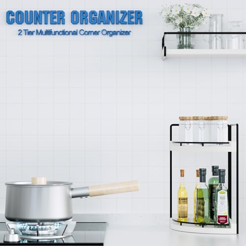 Image of Corner Bathroom Counter Organizer, 2 Tier Wood Vanity Storage, Waterproof Skincare Shelf for Kitchen & Toiletries Decor, Dresser (White-2 Tier)