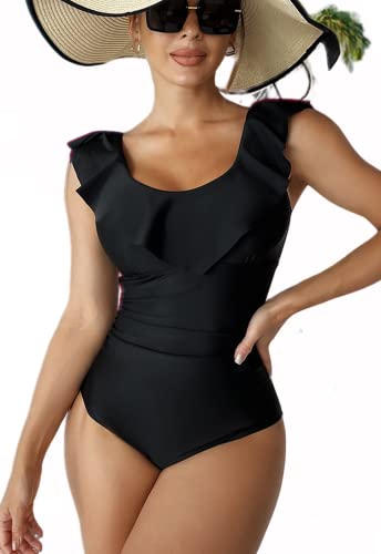 Dihklcio Sexy One Piece Bathing Suit For Women Tummy Control Swimsuits For Women One Piece Swimsuit Women Ruffle Edge (Xl, Black) #TOP4