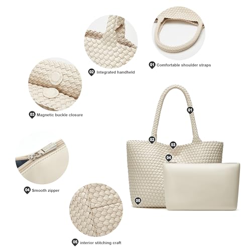 Sumrains Woven Tote Bag for Women: Handwoven Vegan Leather Bag with Detachable Clutch for Effortless Vacation Outfits (Seashell Color) by Sumrains - Used condition - Image 6