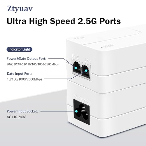 Image of 2.5Gbps PoE Injector 90W Power Over Ethernet Adapter with 2 Ports, IEEE 802.3af /at /bt Compliant - Distance Up to 100 Meters, 2.5G PoE Adapter Ideal for Camera, TV and IP Phone, White