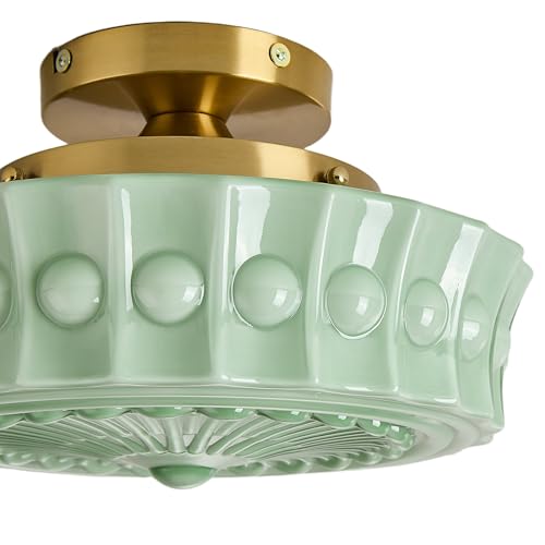 FCTWAKS Schoolhouse Ceiling Light Fixture, 13.8" Green Milk Glass Semi Flush Mount Mid Century Vintage Ceiling Light for Bedroom Hallway Kitchen, E26 Base Bulb Included by FCTWAKS - Used condition - Image 5