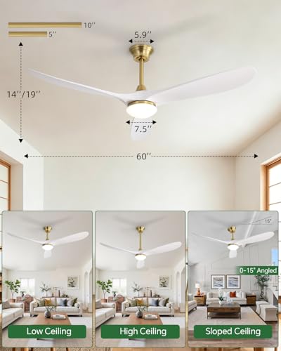 Image of Sofucor 60 Inch Smart Ceiling Fan with Lights, 3 ABS Blades, Golden+White | Alexa /APP /Remote Control, Modern, Quiet DC Motor, 3CCT Dimmable, 6 Speeds, Indoor /Outdoor /Bedroom /Living Room /Patio /Kitchen