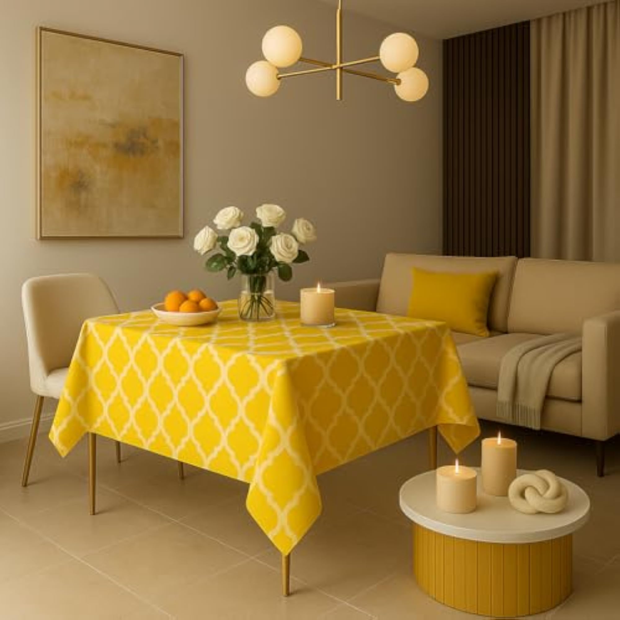 Yellow Diamond Print Boho Printed Dining Table Cover