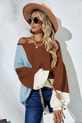 Image of ECOWISH Women Sweater Long Sleeve Color Block Knit Pullover Sweaters Crew Neck Patchwork Casual Loose Jumper Tops