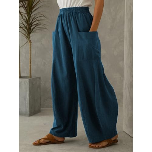 Women's Linen Pants with Deep Pockets Casual Elastic High Waist Wide Leg Trousers Plus Size Beach Pants S-5XL3