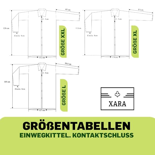 XARA Schutzkittel Einweg - Einweg-Schutzkittel – Einwegkittel – Einheitsgröße - Größe XXXL -120 x 152cm - TNT Polypropylen 35 gr - Einwegkittel mit Kontaktverschluss - Atmungsaktiv - 10 Stück