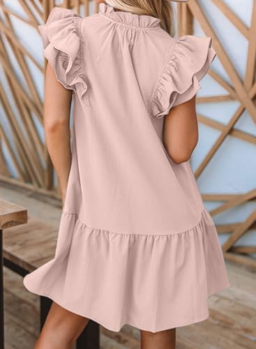 Image of Dokotoo Womens Summer Dresses 2026 V-Neck Drawstring Ruffle Cap Short Sleeve Side Pockets Mini Dress Sundress