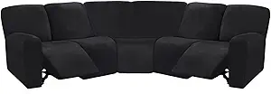 ULTICOR 7-Piece L Shape Sectional Recliner Sofa Covers, Velvet Stretch Reclining Couch Covers for Sofa, Thick, Soft, Washable (Black, 5 Seat Cover)