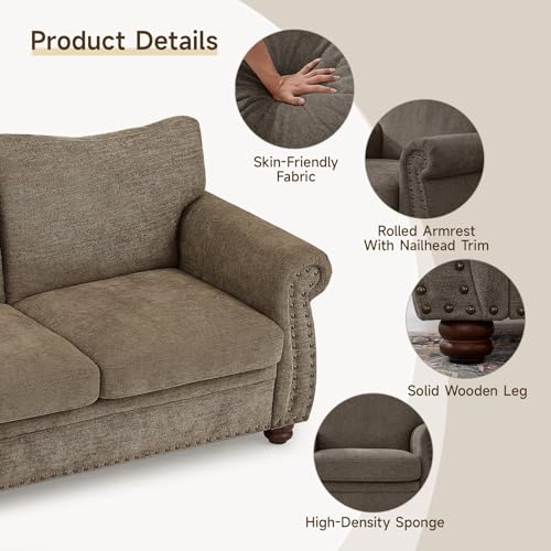 Image of ONBRILL Nailhead Sofa, 66 Inch Small Couch with Rolled Arms, Chenille Fabric Loveseat w /Springs Seat Cushion, Vintage Curved Back, Turned Wood Legs, Comfy Couch for Living Room, Farmhouse, Brown