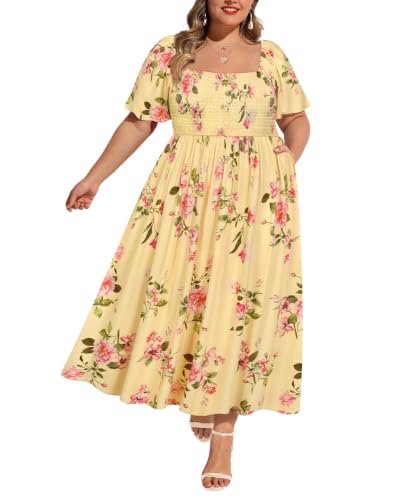 Image of RITERA Plus Size Dresses for Curvy Women Square Neck Short Sleeve Summer Floral Smocked Maxi Dress with Pocket XL-5XL