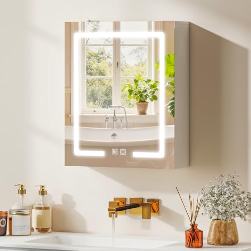 HOMCOM Armoire Murale Salle de Bain avec Miroir et éclairage LED, 50 x 15 x 60 cm, Meuble Salle de Bain avec Anti-buée, étagères réglables, 3 températures de...