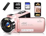 4K Video Camera Camcorder,UHD 56MP Camcorder,WiFi Vlogging Cameras for YouTube with IR Night Vision,18X Digital Zoom 3.0''Touch Screen Cam Corder with 64GB Card,Remote Control,Webcam and Battery,Pink