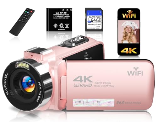 4K Video Camera Camcorder,UHD 56MP Camcorder,WiFi Vlogging Cameras for YouTube with IR Night Vision,18X Digital Zoom 3.0''Touch Screen Cam Corder with 64GB Card,Remote Control,Webcam and Battery,Pink