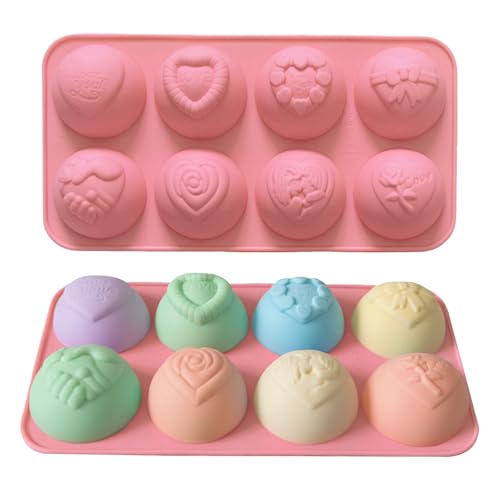 8-Cavities Valentines Silicone Molds with Different Heart Desidgn Semi Sphere Silicone Mold Non-Stick Baking Molds for Candy Pudding Jelly Making Biscuits Cake Decorating 2 Pcs