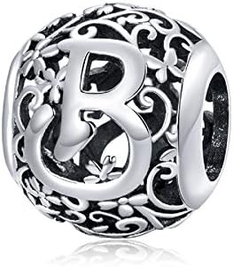 Shining Charm Flower 925 Sterling Silver Initial Letter Charms for Bracelets Alphabet A-Z Round Bead Charm