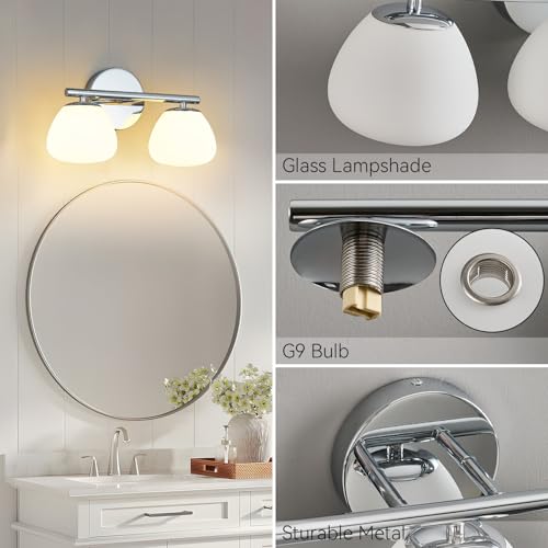 Image of Modern 2 Light Bathroom Vanity Light Chrome Vanity Light Bathroom Light Fixtures Over Mirror with Milk Glass Shade Bathroom Wall Sconce