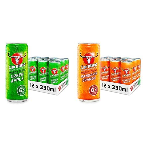 Carabao Energy Drink Green Apple (12 Cans) & Orange Blast (12 Cans), 24 x 330ml Case Cans, Low Calorie and less Sugar, Tasty Fizzy Flavour, Vegan, B Vitamins, Caffeine with Zero Crash, Multipack