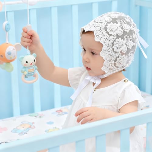 Image of Baby Bonnet for Baby Girl - Eyelet Lace Cotton Christening Baptism Sun Hat with Adjustable Chin Strap, White Infant Bonnet for Photo Shoot