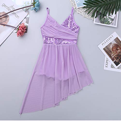Jeatha Kids Girls Sleeveless Shiny Sequins Spliced Asymmetrical Tulle Dress Ballet Dance Costume Lavender 12-14 #TOP5
