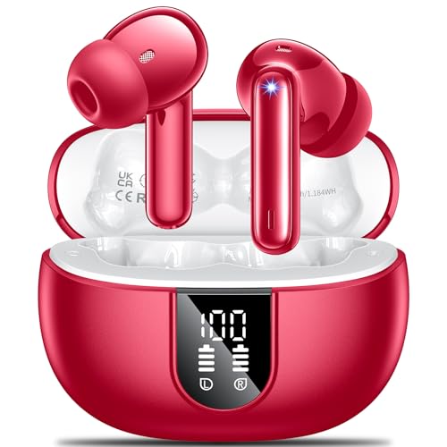Bluetooth Kopfhörer,Kopfhörer Kabellos Bluetooth 5.3 Sport In-Ear Kopfhörer mit 4x ENC Mikrofonen bass-Stereo & 42h Spielzeit IPX7 wasserdicht kopfhörer LED-Akku-Anzeige,Kompatibel IOS, Android Rot