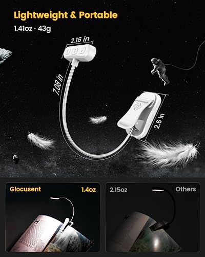 Glocusent Horizontal Et-Head Book Light For Reading In Bed, Eye Caring, Cri 95, 3 Colors & 5 Brightness, Rechargeable Long Lasting Reading Light, 1.4Oz Lightweight & Portable, Perfect For Book Lovers #TOP5
