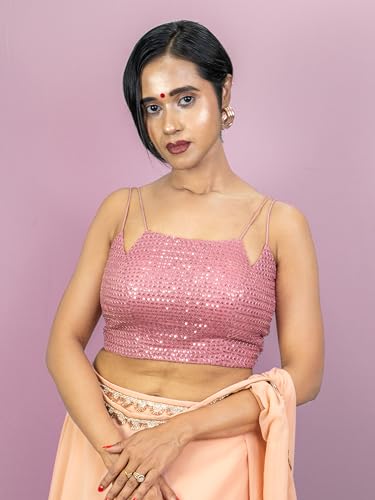 Image of FIGURE'S DESIGNER Women's Spagehtti Neck Strap Sequin Embroidered Sleeveless Readymade Saree Blouse E22
