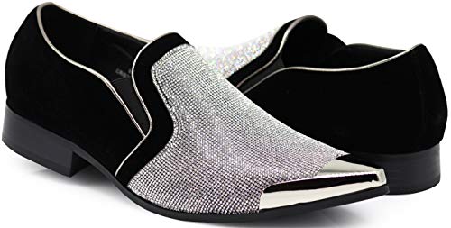 Image of Enzo Romeo Crisiano Men Rhinestone Chrome Toe Suede Pointy Dress Loafer Slip On Shoes