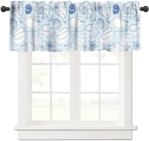Image of Seashell Kitchen Valance Curtain, Vintage Blue Coastal Corals Sea Beach Sealife Theme Window Treatment Valances for Kitchen Living Room Cafe Decor 54'x18', 1 Panel