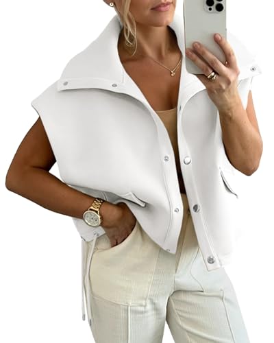 Cicy Bell Womens Fall Oversized Vest Cropped Button Down Cap Sleeve Lapel Collar Jackets Casual Drawstring Outerwear